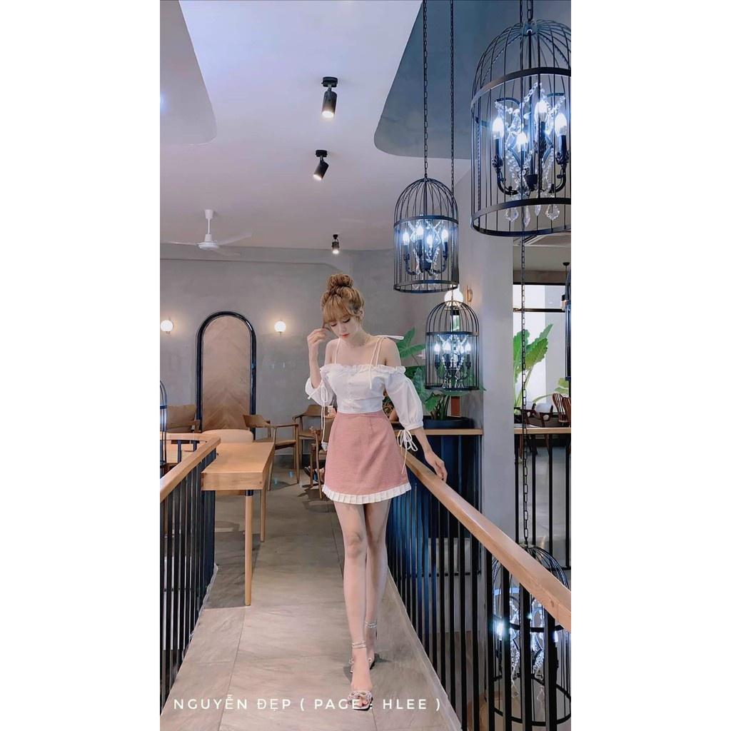 TSL-Set bộ đồ nữ áo trễ vai tay dài (có mút) kèm chân váy caro dáng xòe thời trang nữ dạo phố, dự tiệc