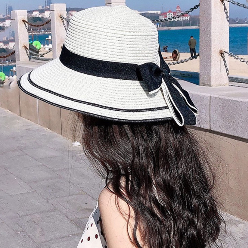 Mũ cói mềm thắt nơ - nón cói vành rộng cụp viền đen chống nắng, đi biển phong cách