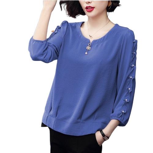 ️Có Big Size️ Áo Trung Niên Nữ Đính Cườm Trẻ Trung , Mẫu Áo Kiểu Trung Niên Cổ Tròn Tay Dài Đính Nút Sang Trọng