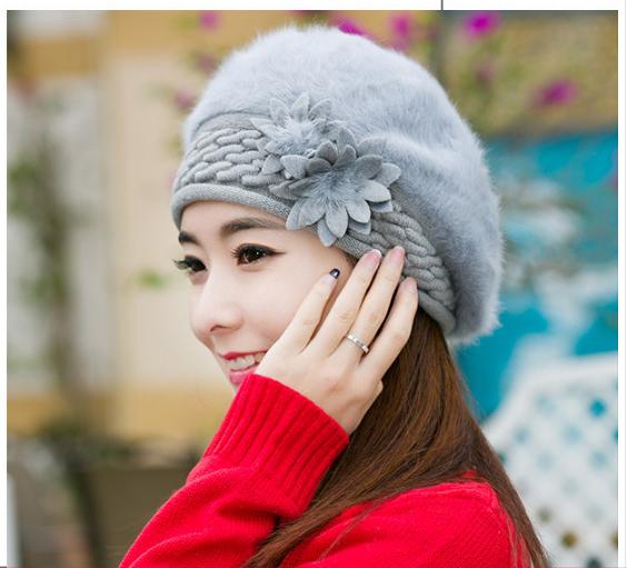 Mũ nồi beret len lông thỏ gắn hoa đôi thời trang nón bánh tiêu len cao cấp