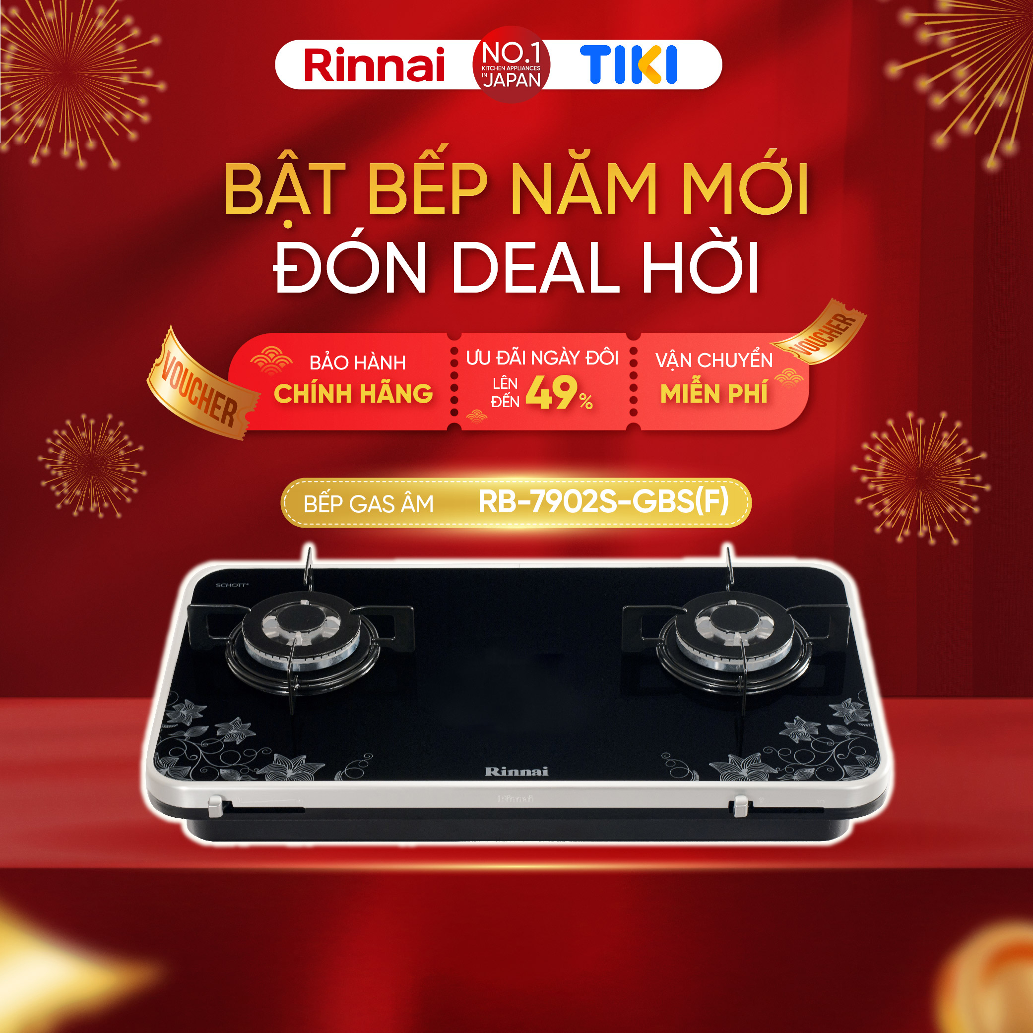 Bếp gas âm Rinnai RB-7902S-GBS(F) mặt bếp kính Schott và kiềng bếp men - Hàng chính hãng