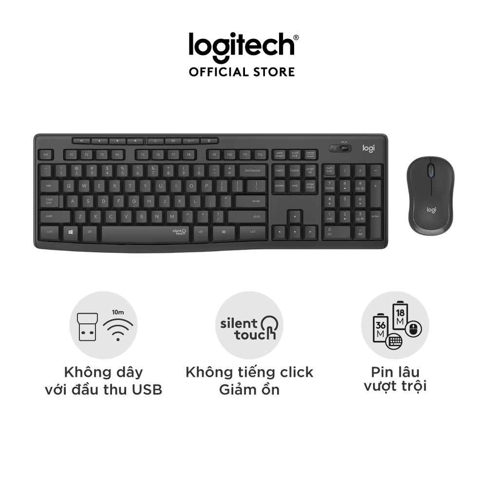 Combo chuột phím không dây Logitech MK295 Silent - Chống ồn 90%, có phím số, mắt đọc cải tiến, bền bỉ, không lag - Hàng chính hãng