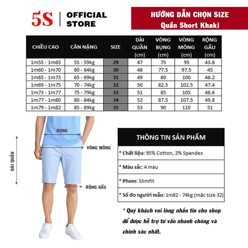 Quần Short Nam 5S (2 màu), Chất Kaki Cotton Co Giãn, Thấm Hút Tốt, Hạn Chế Nhăn (QSK21008