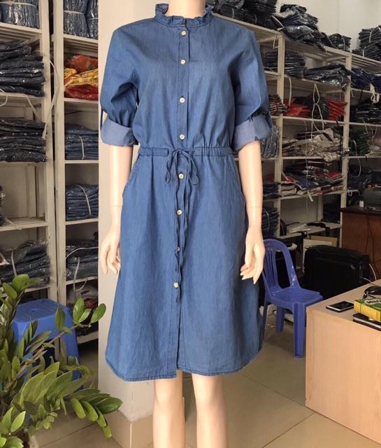 Đầm jean denim cotton xoè rút eo S.ML