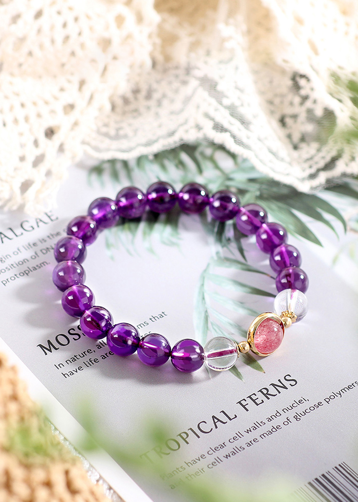 Vòng tay đá thạch anh tím phối thạch anh dâu mệnh hỏa, thổ - Ngọc Quý Gemstones