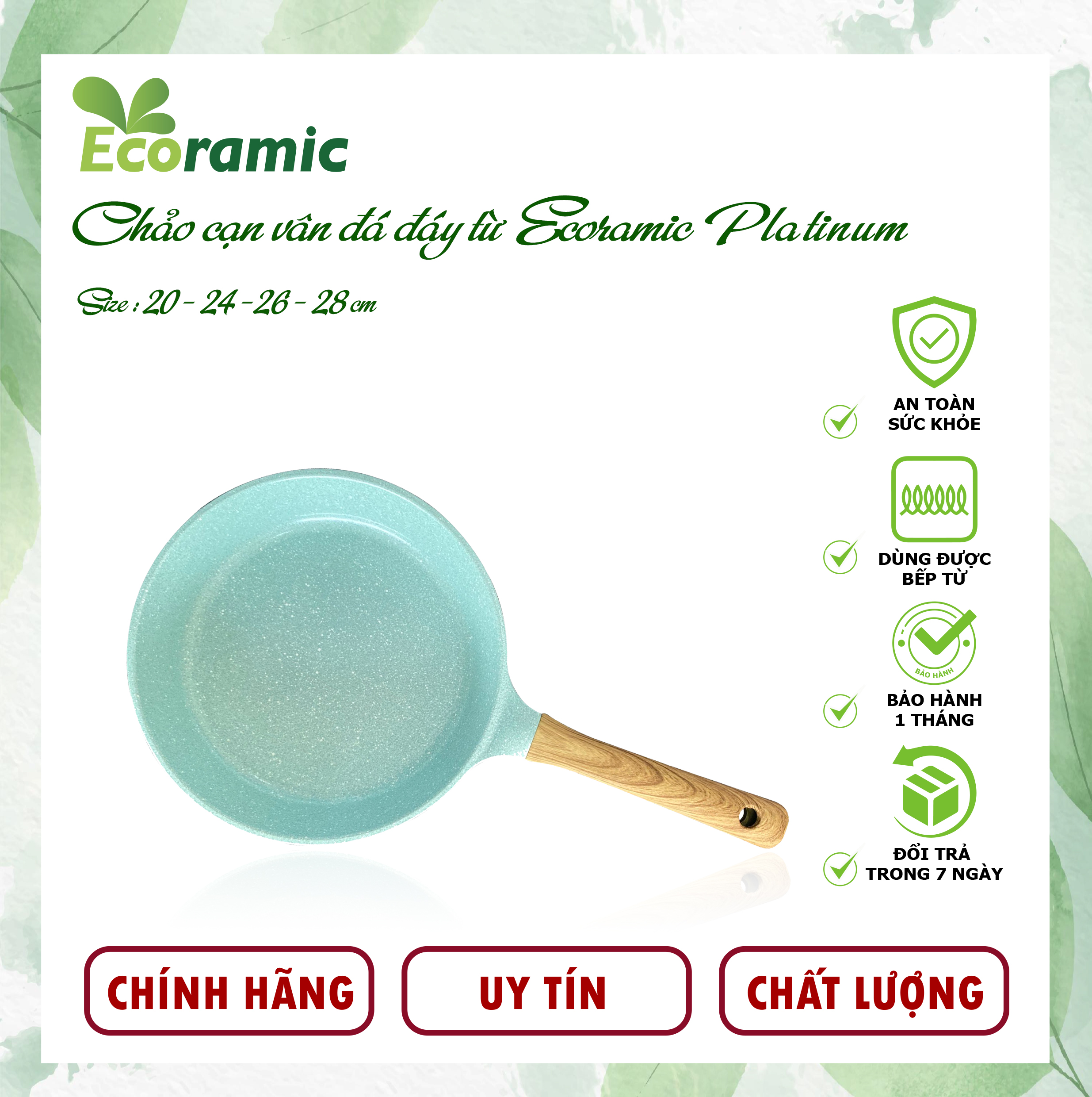 Chảo Chống Dính Ecoramic Platinum Vân Đá Đáy Từ  Chính Hãng Cao Cấp, Siêu Bền, Bảo hành sản phẩm 2 tháng