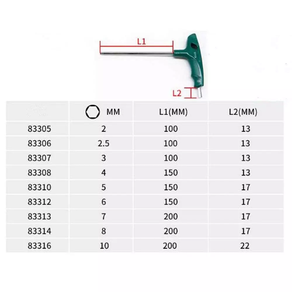 Chìa lục giác cầm tay chữ T hiệu Sata nhiều size 2.0mm - 83305 , 2.5mm - 83306 , 3.0mm - 83307 , 4.0mm - 83308 , 5.0mm - 83310 , 6.0mm - 83312 , 7.0mm - 83313 , 8.0mm - 83314 , 10mm - 83316
