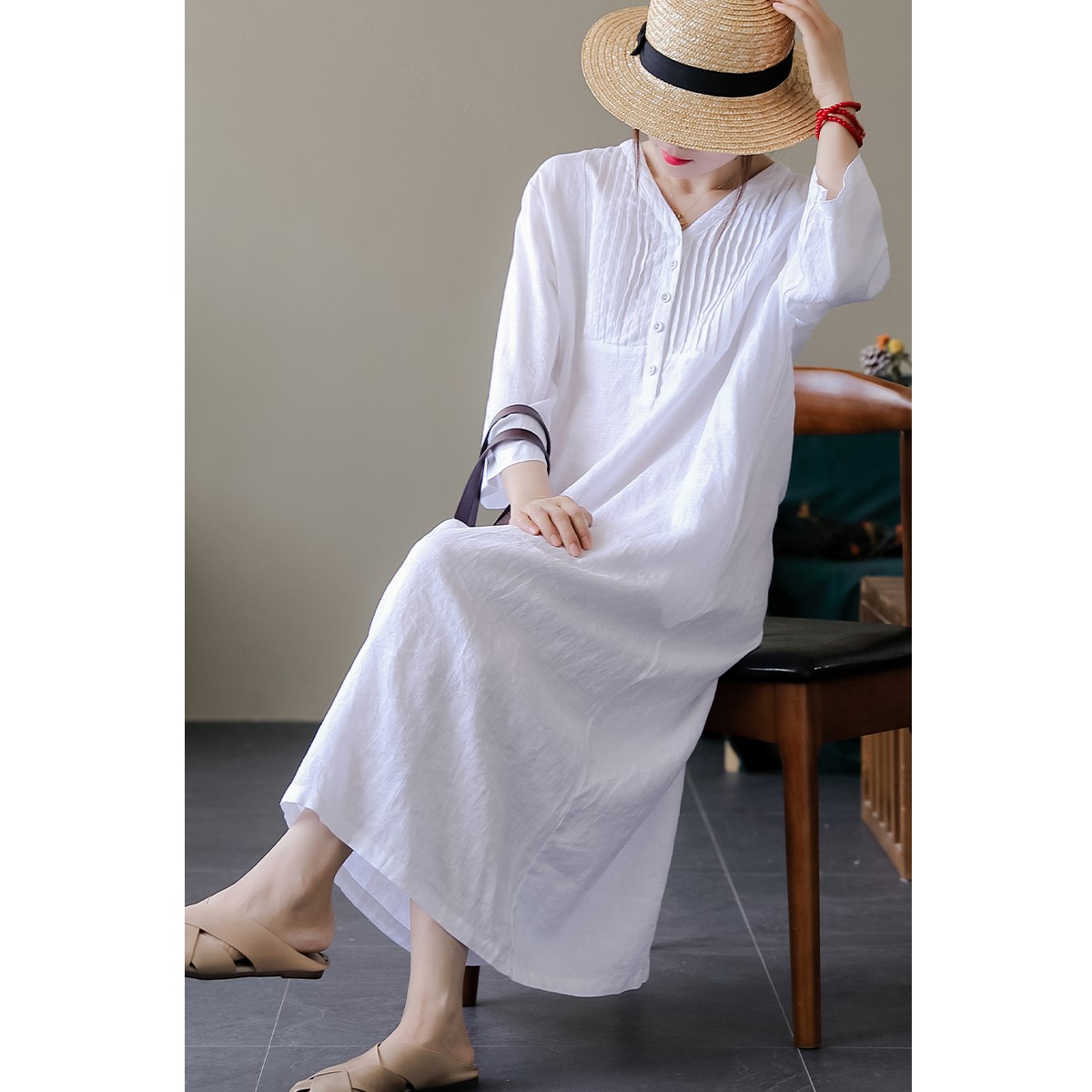 Đầm suông trung niên cao cấp dáng dài cổ V đóng cúc, Váy suông nữ tay lỡ chất liệu linen mềm mịn Đũi Việt
