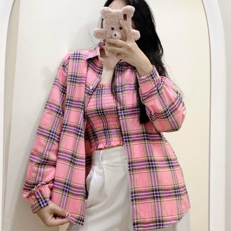 Set Áo Khoác Sơmi Caro Kèm Áo Ống Cute Tay Áo Phồng Ảnh Thật Lung Linh, Áo Sơ Mi Khoác Ngoài Cao Cấp Siêu Đẹp, áo sơ mi sọc tay dài