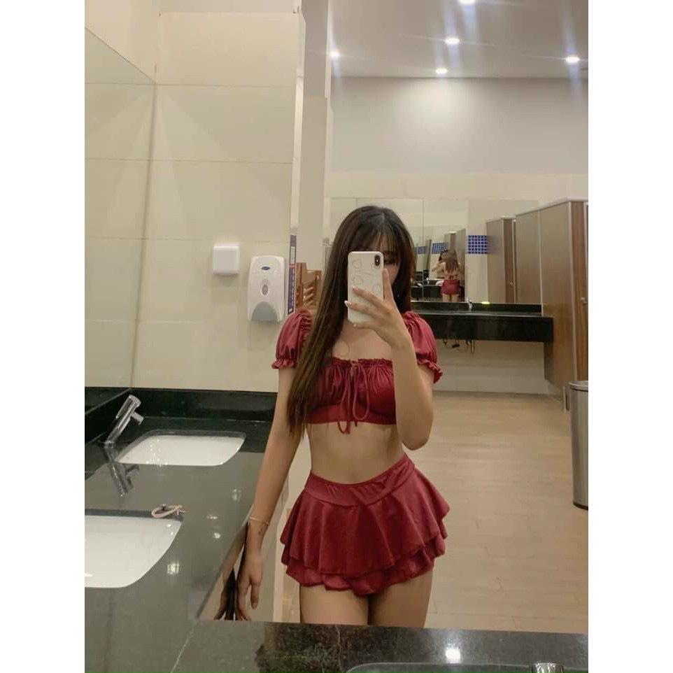 Bikini, đồ bơi đi biển 2 mảnh nữ áo tay phồng Hiền Hồ phối váy 2 tầng đẹp ODERI HM-070