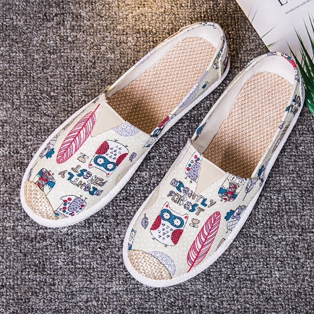 Giày lười slip on nữ bọc cói vintage hình dễ thương-GL3