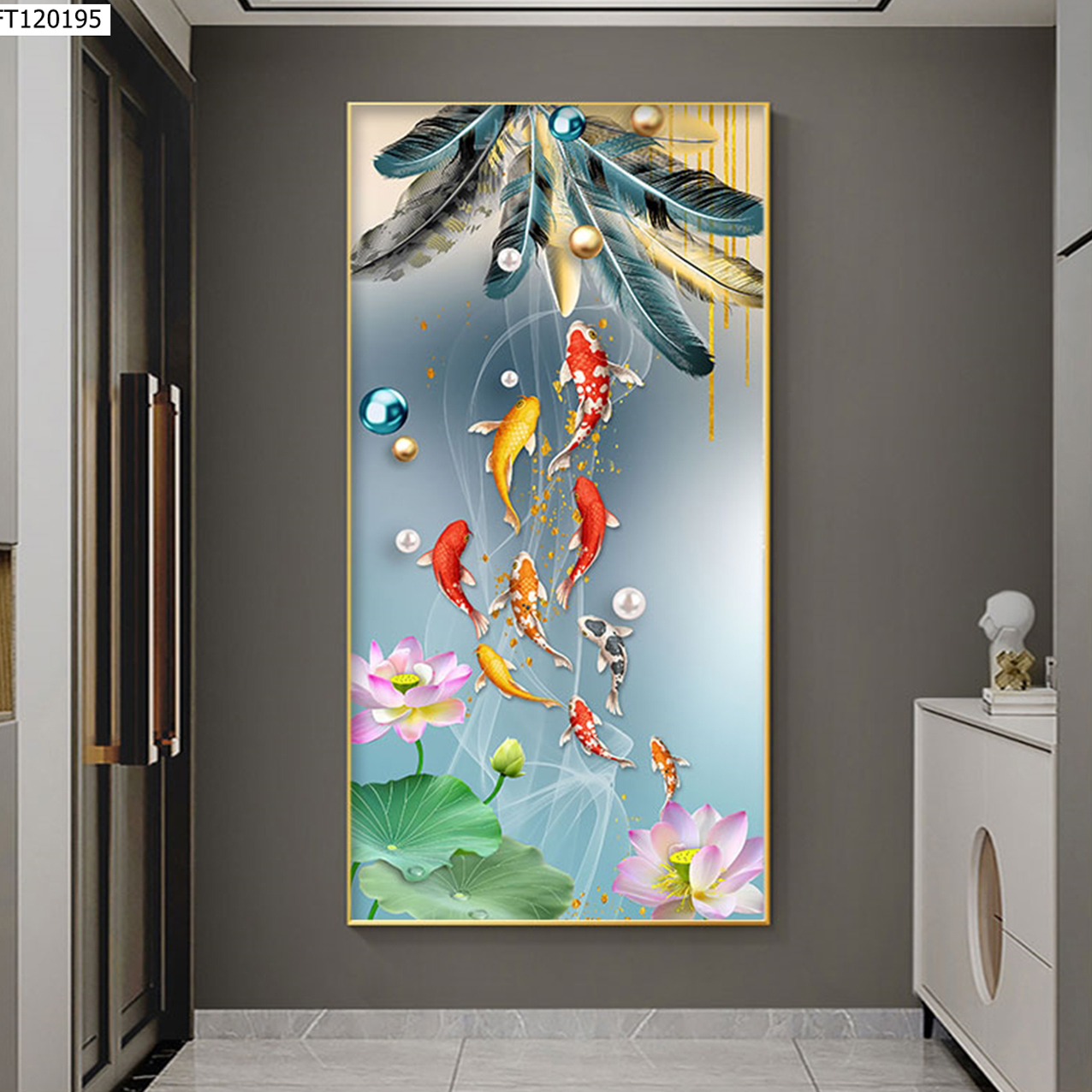 Khung Tranh Đơn Trang Trí Cao Cấp - Tranh Canvas Chín Con Cá Chép Bên Hoa Sen