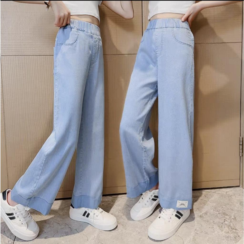 Quần dài ống suông lật line cho bé gái phối đồ phong cách hiphop size 20-40kg chất denim mỏng nhẹ mềm mát