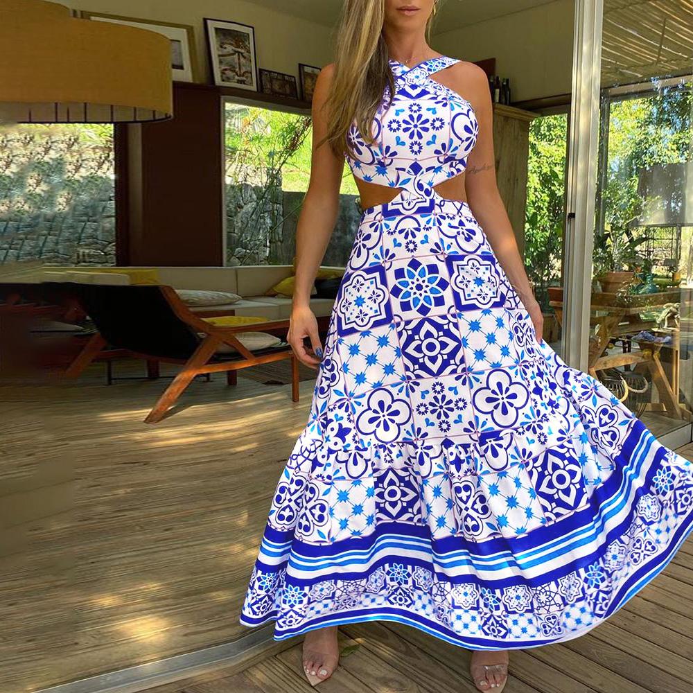 Women Halter Neck Dress Backless Vintage Print Sleeveless Long Dress Beach Holiday