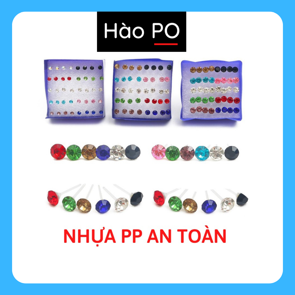 Bông tai nhựa đính đá hộp 20 đôi phong cách đơn giản nhiều màu cho nam nữ Thái Lan