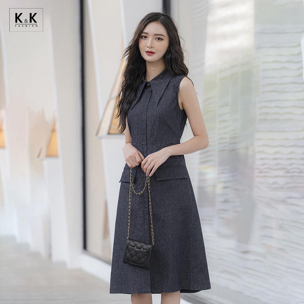 Đầm Sơ Mi Sát Nách Phối Túi K&amp;K Fashion KK140-16 Chất Liệu Denim