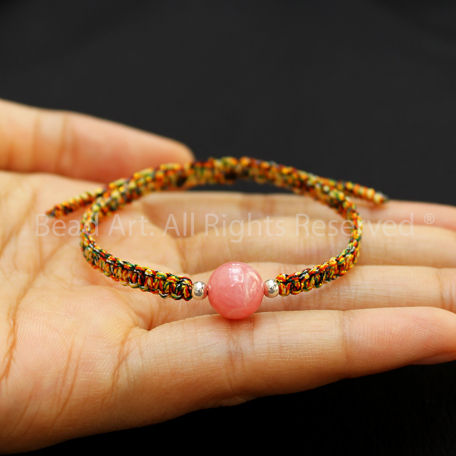 Vòng Tay Thắt Dây Ngũ Sắc Đá Đào Hoa Màu Hồng 9MM, Rhodochrosite Tự Nhiên Loại AA, Mệnh Hoả, Thổ, Vòng Tay Phong Thuỷ, Chuỗi Hạt - Bead Art