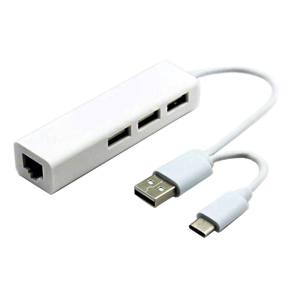Type-C USB2.0 Dual Plug to USB LAN/ Ethernet Network Hub Connector
