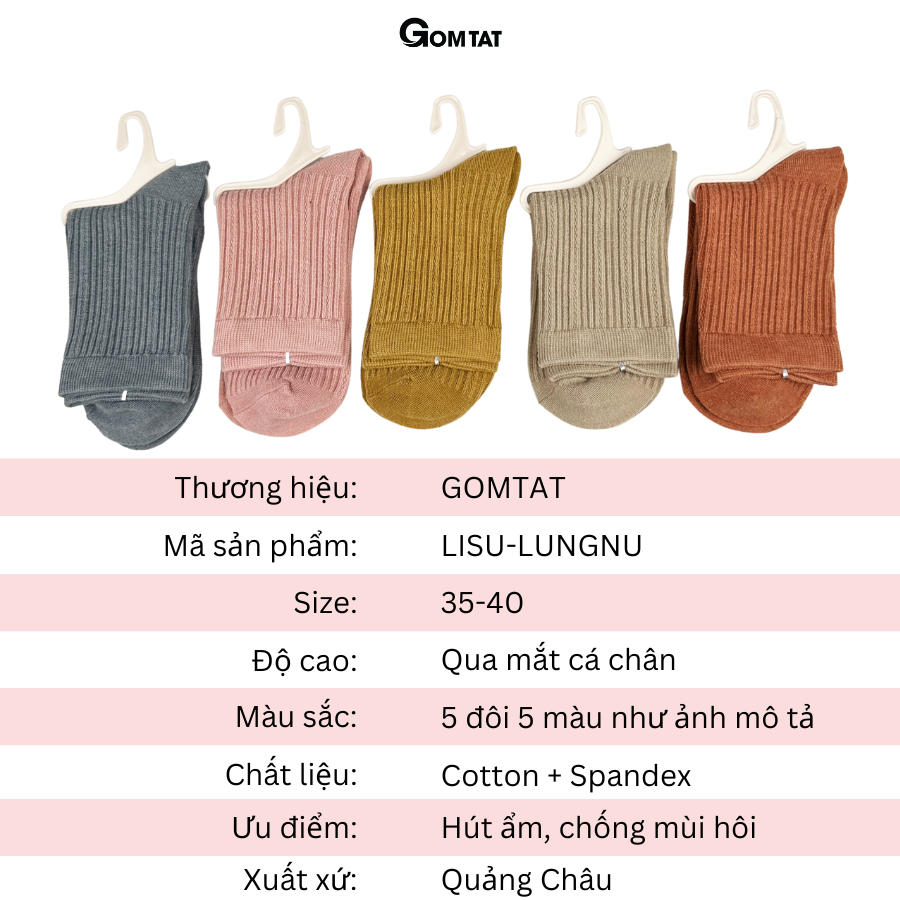 Set 5 đôi tất vớ nữ cổ lửng GOMTAT họa tiết gân chìm, chất liệu cotton cao cấp, mềm mại thoáng khí - LISU29-LUNGNU