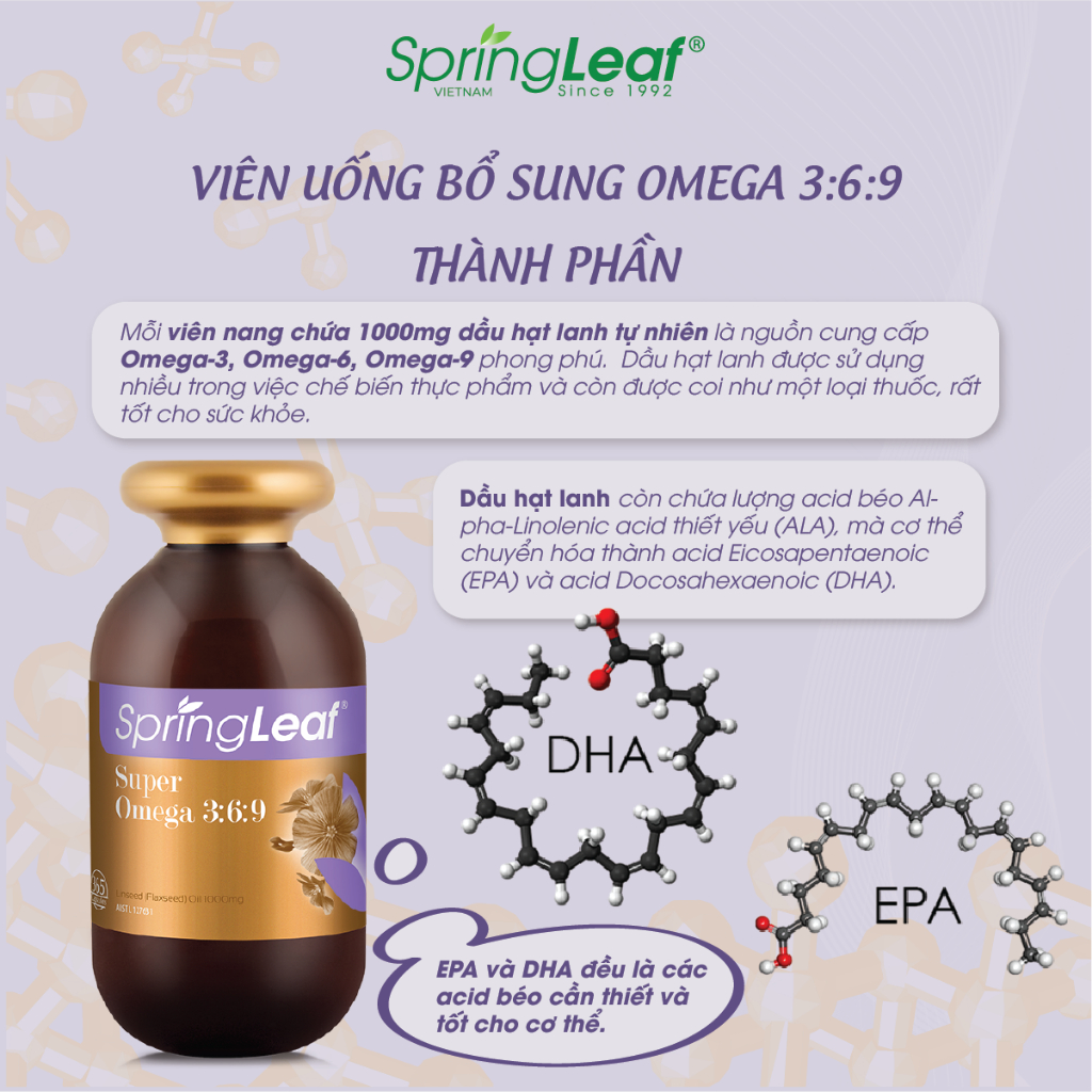 Viên uống hỗ trợ sức khỏe tim mạch, giảm cholesterol, cải thiện chức năng mạch máu Super Omega 3:6:9 SpringLeaf 365 viên