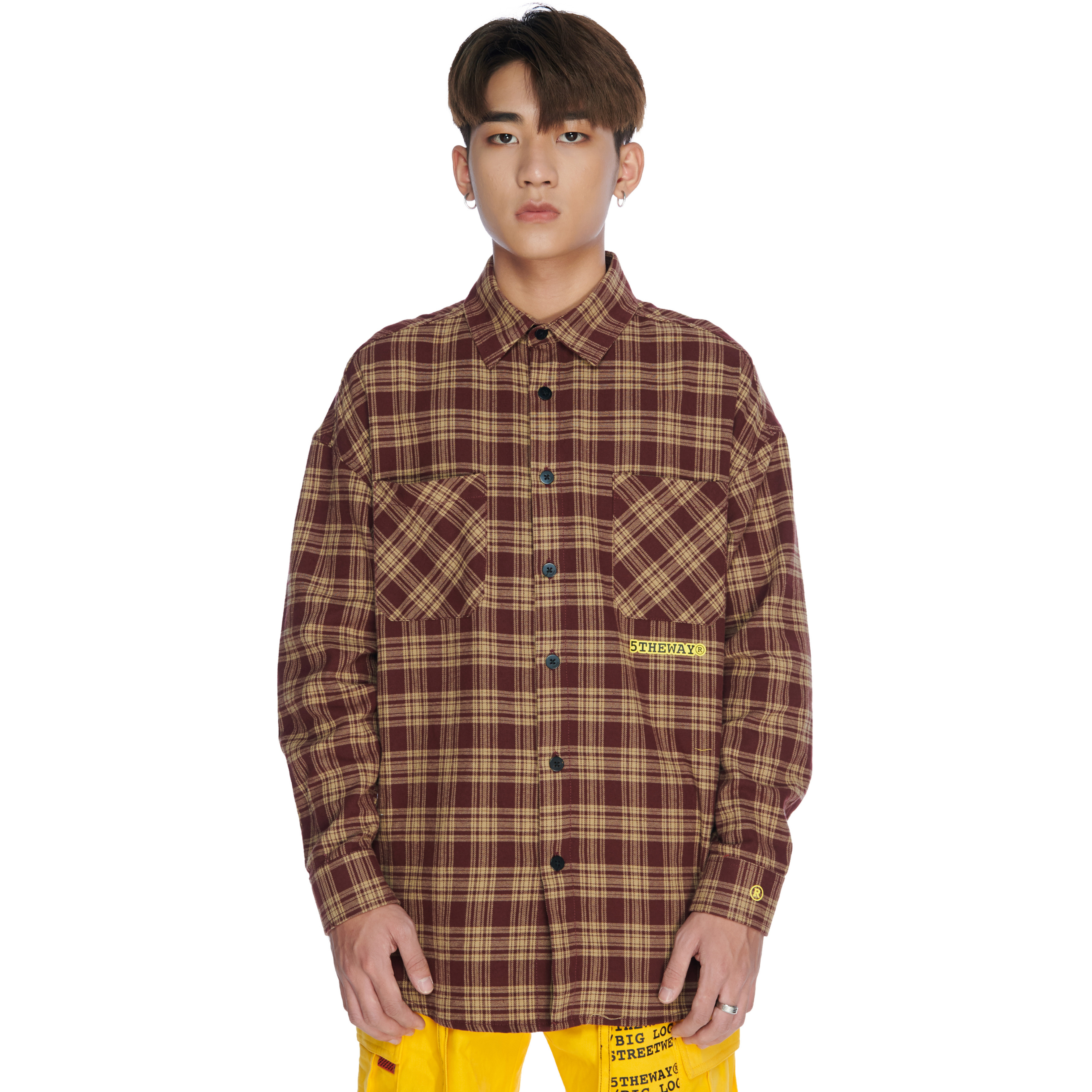 Áo Sơ Mi Flannel 5THEWAY Tay Dài Sọc Caro Nâu aka /stroke/ BIG LOGO FLANNEL SHIRT in BR/YE