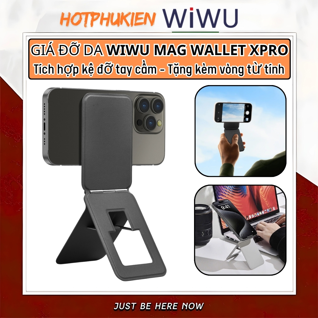 Giá đỡ da từ tính gấp gọn dạng ví kiêm gậy selfie kê điện thoại hiệu WIWU Wallet Mag XPro iPhone 16 15 14 13 12 s22 S23 S24 z fold flip - Hàng nhập khẩu