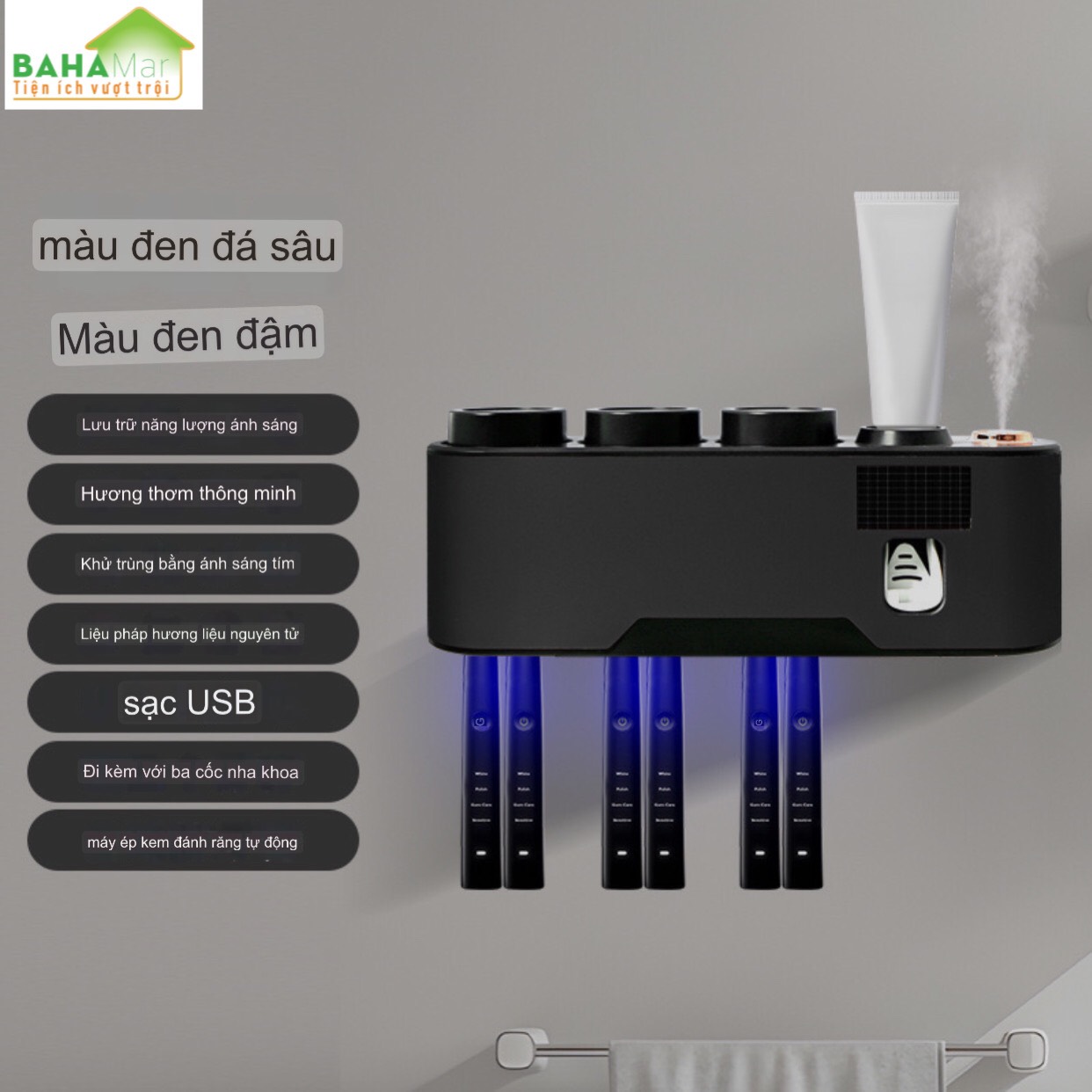 MÁY KHỬ TRÙNG CỐC VÀ BÀN CHẢI ĐÁNH RĂNG BẰNG TIA CỰC TÍM TREO TƯỜNG KHÔNG CẦN KHOAN."BAHAMAR" Có xịt thơm tự động giúp không gian luôn trong lành,