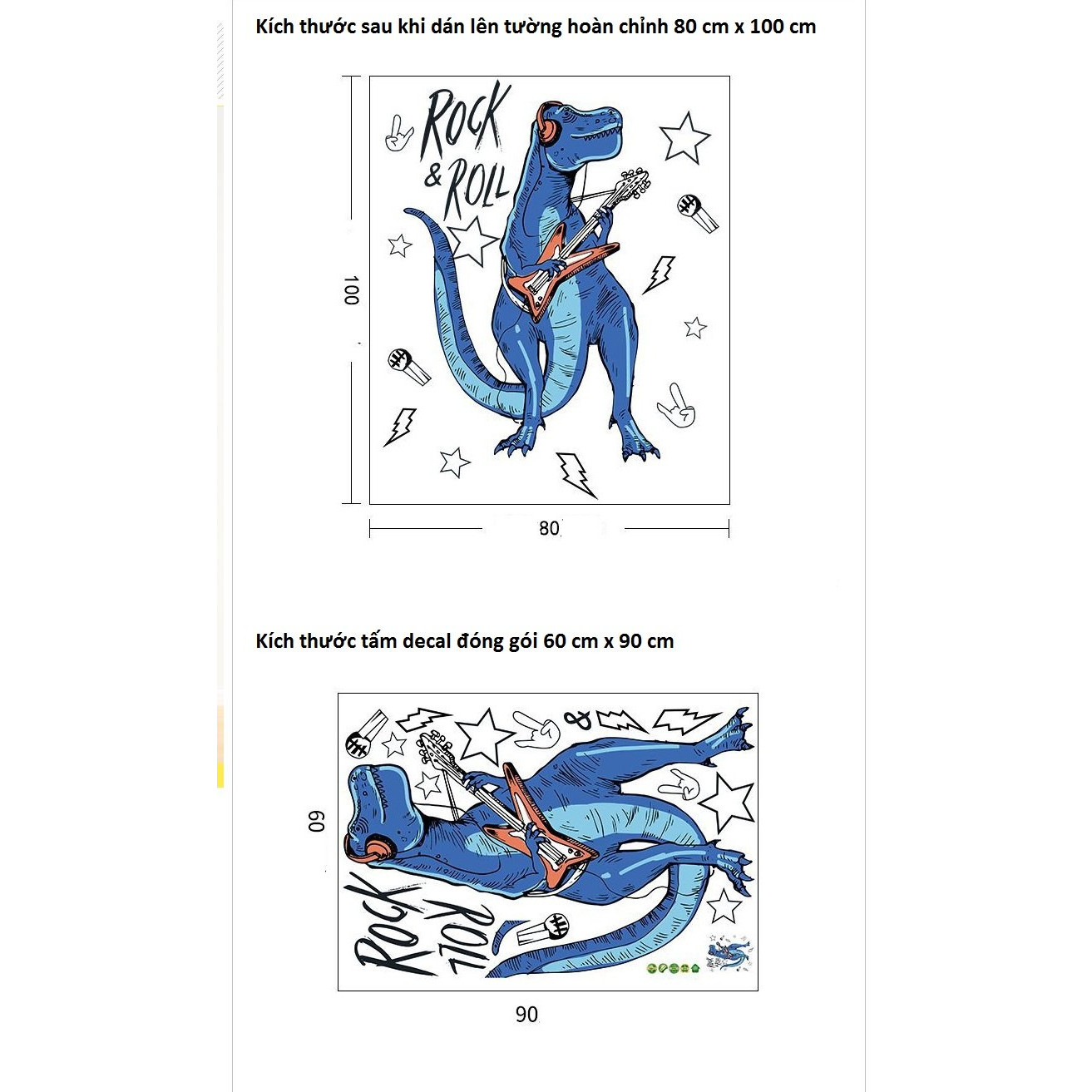 Decal dán tường khủng long xanh Rock and Roll sôi động
