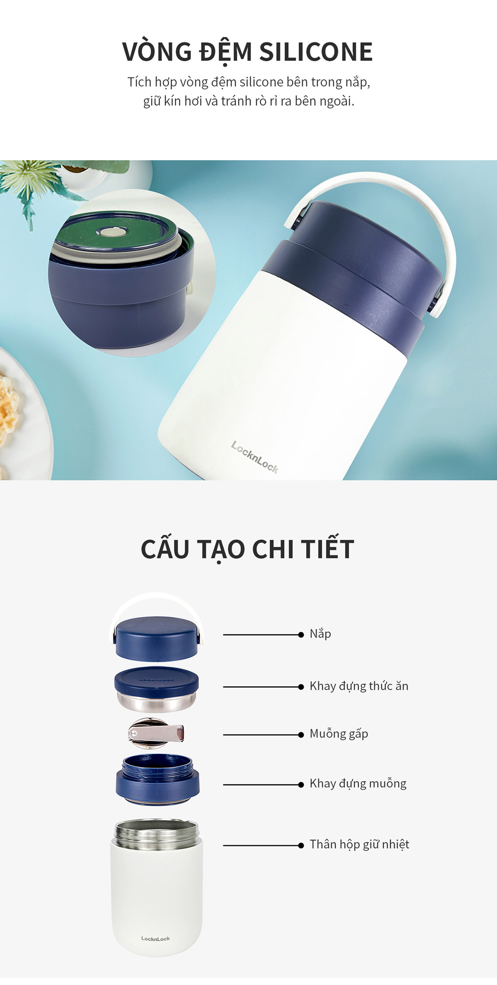 Hộp cơm giữ nhiệt Lock&amp;Lock màu hồng LHC8042PIK 700ml - Hàng chính hãng, 2 ngăn kèm muỗng inox - JoyMall