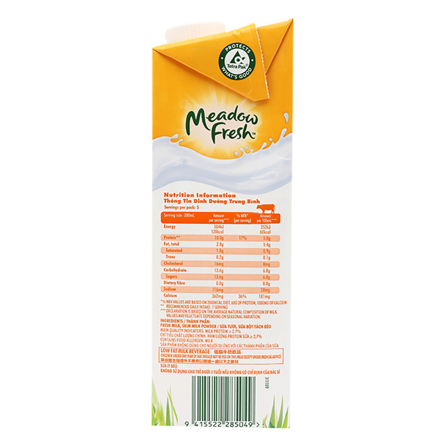 Thùng 12 hộp Sữa Tươi Tiệt Trùng Giàu Canxi Ít Béo Meadow Fresh 1L hàng New Zealand