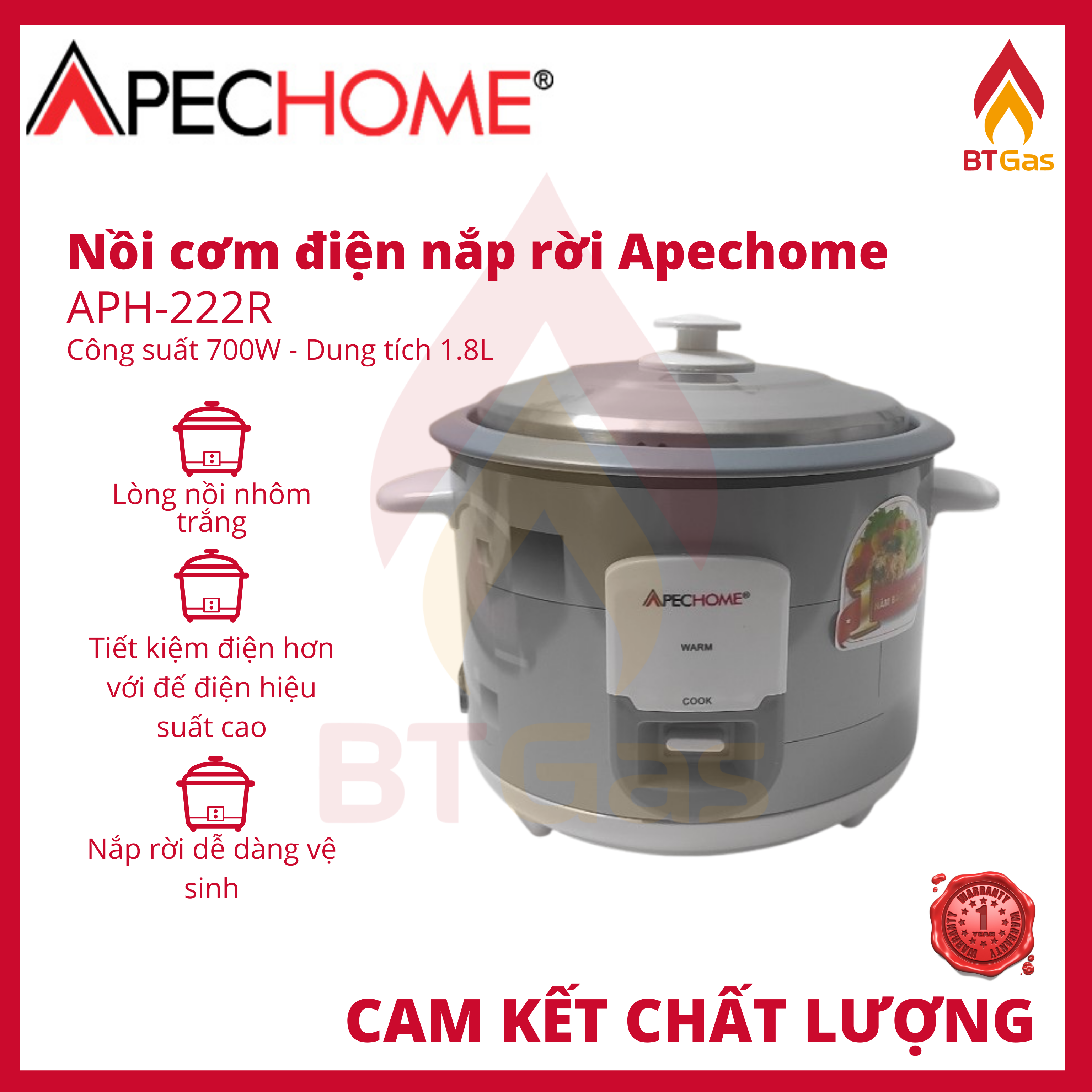 Nồi cơm điện nắp rời Apechome APH-222R 1.8 Lít - Hàng Chính Hãng