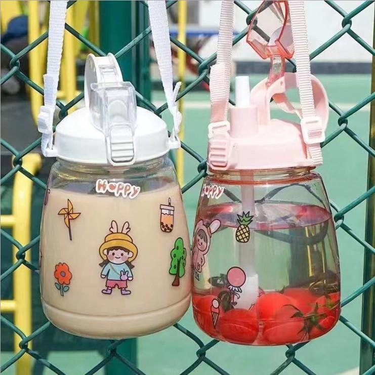 Bình Đựng Nước Cute Bụng Bự Dung Tích 1300ml Có Ống Hút Kèm Dây Đeo Cực Tiện Lợi Xinh Xắn Dễ Thương Tặng Kèm Sticker