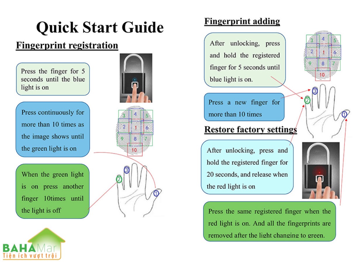 KHÓA THÔNG MINH SẠC ĐIỆN MỞ BẰNG VÂN TAY &quot;BAHAMAR&quot; chỉ mất 1 giây để mở khóa, dễ dàng để hoạt động, cài đặt tối đa 10 vân tay lưu trữ trực tiếp trong khóa thông minh.