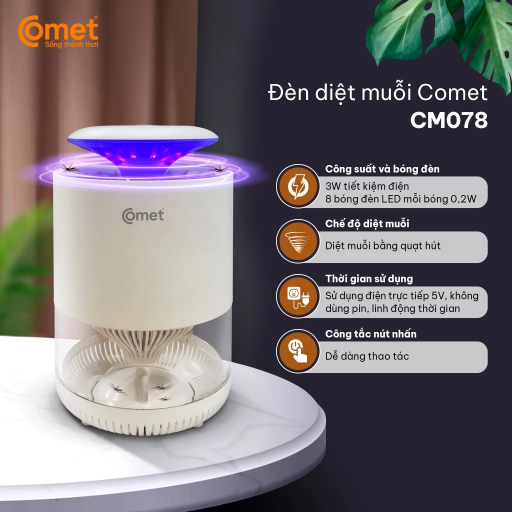 Đèn Diệt Côn Trùng COMET CM078 3W cắm điện trực tiếp, 8 bóng đèn LED, sử dụng tia ánh sáng tím và quạt hút diệt muỗi và lọc không khí