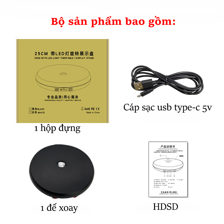 Đế Xoay Sản Phẩm 360 Độ Có Đèn Tải 20kg, Kích Thước 25cm x 4cm, Chỉnh Đa Tốc Độ 2 Màu Trắng, Đen