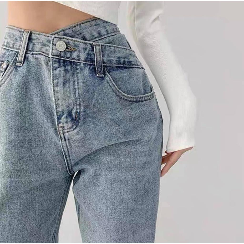 Quần jeans, quần jean nữ ống rộng - Cạp chéo, đủ size Sml quần jean ống suông lưng cao hack dáng