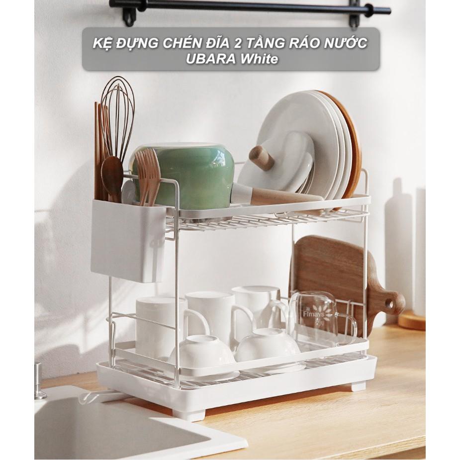 KỆ ĐỰNG CHÉN ĐĨA 2 TẦNG RÁO NƯỚC UBARA White