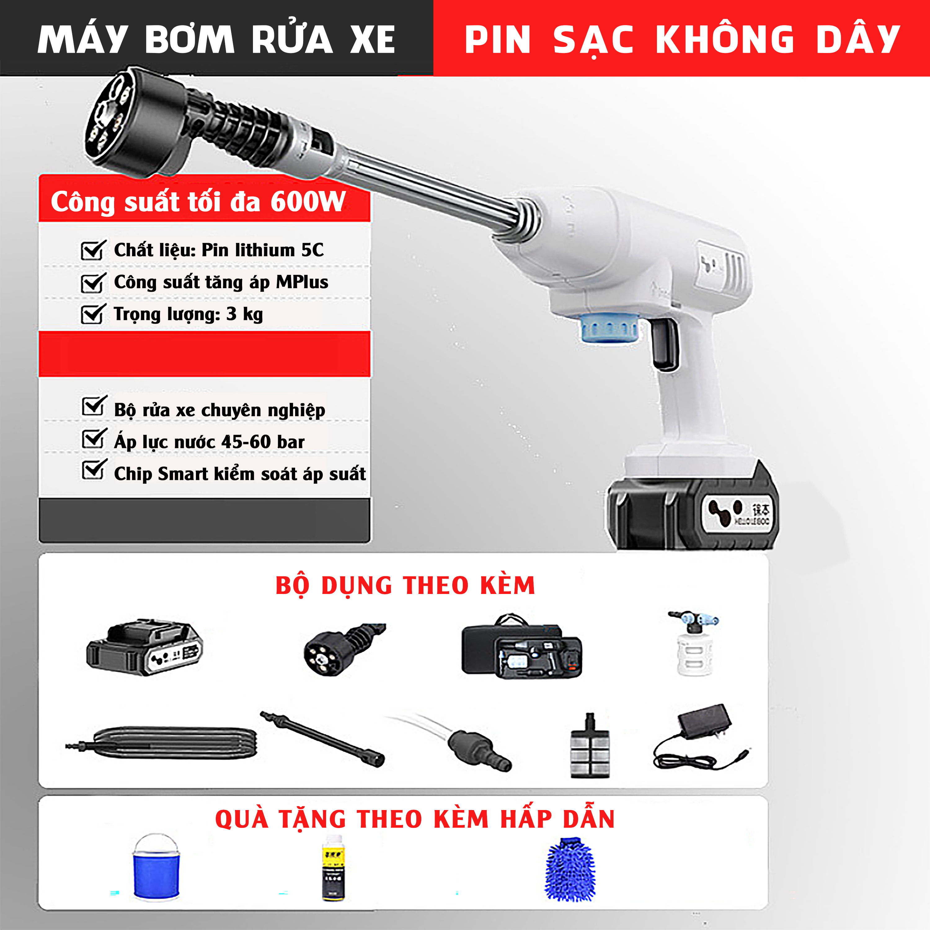 Máy rửa xe không dây di động, máy rửa xe có thể sạc Pin Lithium 25000 mAh Áp lực nước 65Bar, Trọng lượng 3,5kg màu trắng