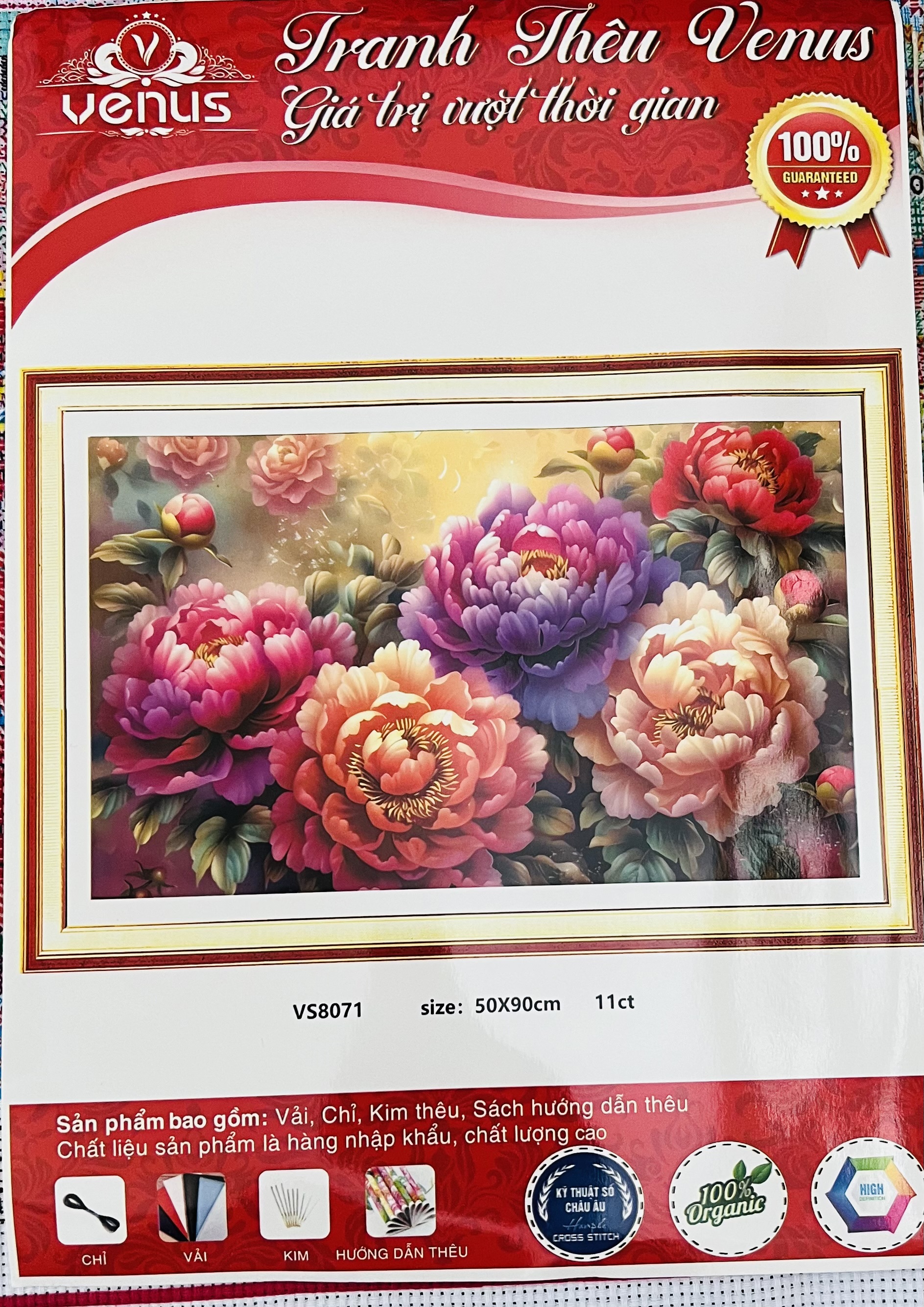 Tranh thêu kín chữ thập Hoa mẫu đơn  vs8071, kích thước 50 x 90 cm