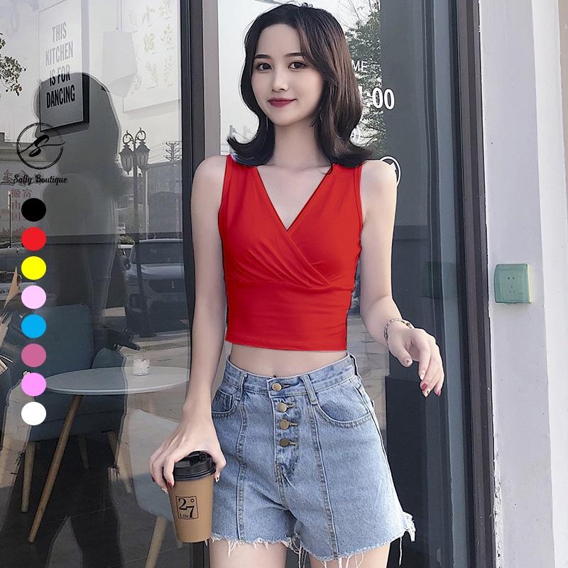 Áo Croptop Sát Nách Cổ Đắp Chéo Quyến Rũ Ôm Body Tôn Dáng Vải Cotton Co Giãn Nhiều Màu Lựa Chọn Sally Boutique-CRT004