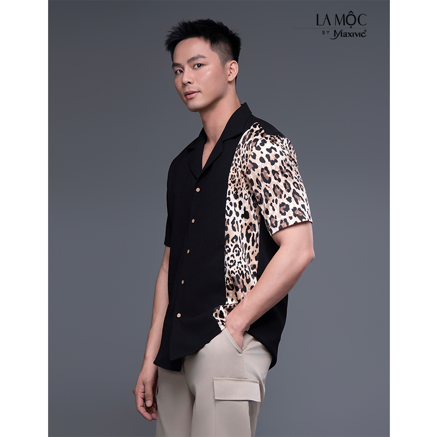 Áo sơ mi danton đen xô cát phối beo LM112453