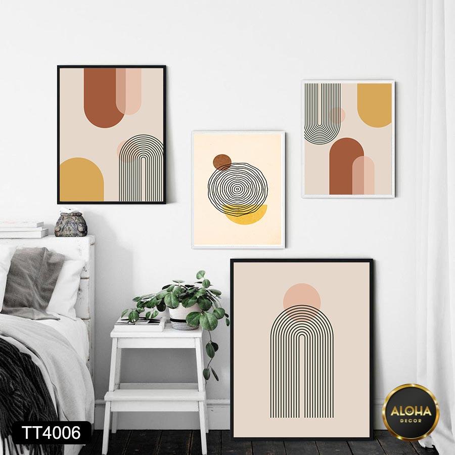 Set 4 tranh treo tường phòng khách Mininalist tông cam nâu tối giản - Tranh treo tường decor phòng ngủ tặng kèm khung