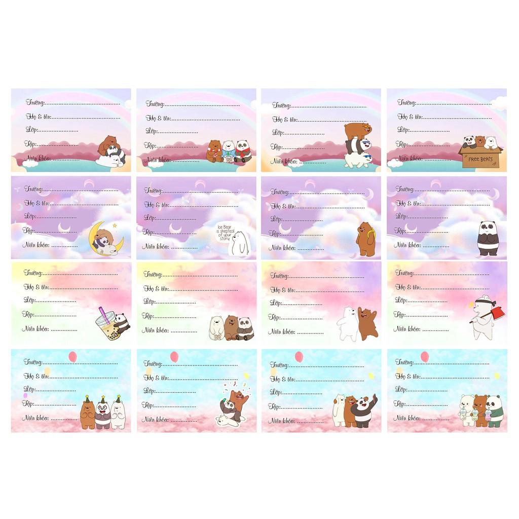 Set 16 nhãn vở hoạt hình Bare Bear, Doraemon, thỏ molang, pokemon (nhãn vở học sinh theo yêu cầu)