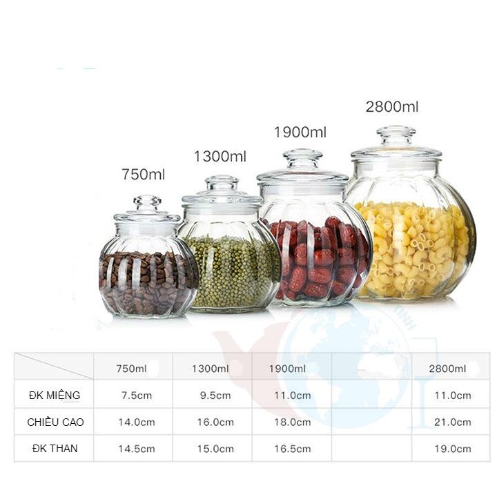 Hũ Thủy Tinh Trái Bí 730,1300ml Có Nắp Ron Silicon