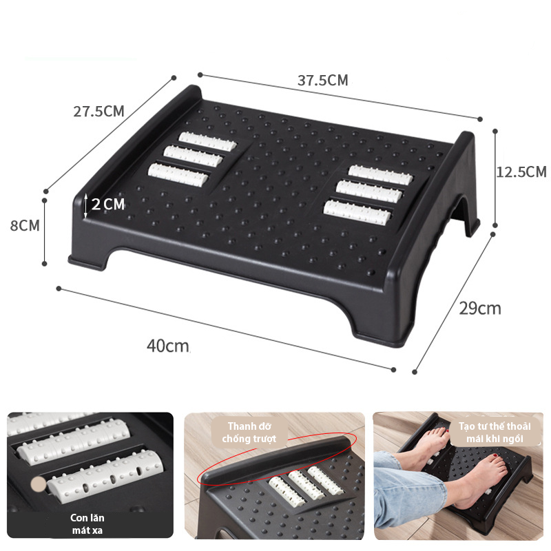 Ghế gác chân văn phòng cao cấp có con lăn chân giúp giảm đau, Ghế kê chân công thái học tích hợp massage tạo cảm giác thoải mái