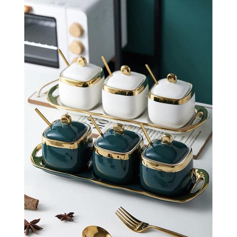 Bộ gia vị sứ 2 màu xanh và trắng kèm khay thìa cao cấp