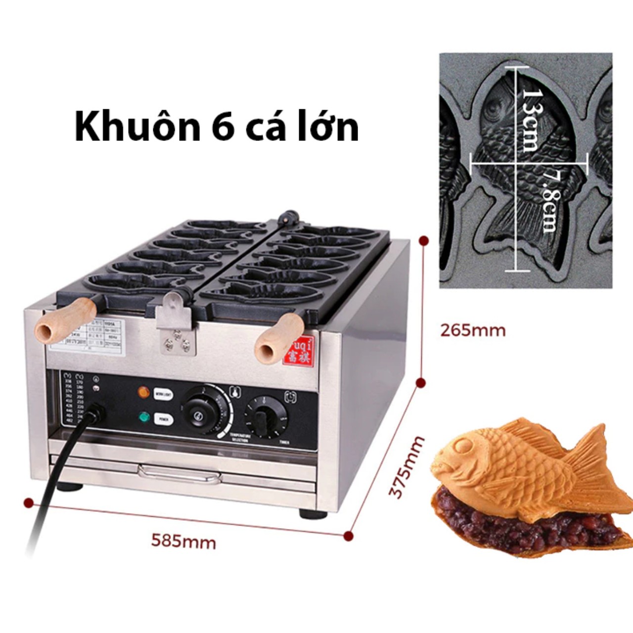 Máy làm bánh cá Taiyaki 6 con cỡ lớn dùng điện CNN6. Máy nướng bánh công nghiệp công suất 3000W hàng chính hãng