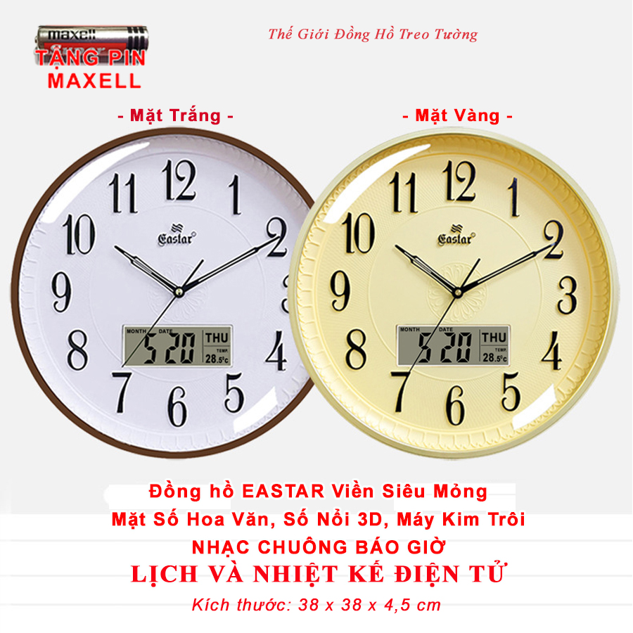 Đồng hồ NHẠC CHUÔNG Báo Giờ EASTAR Kim Trôi Nhật có 16 ĐIỆU NHẠC Báo Giờ - LỊCH Vạn Niên và NHIỆT KẾ Điện tử - Mặt Tròn Viền Mỏng - Tặng 4 Pin Maxell - BH 1 Năm