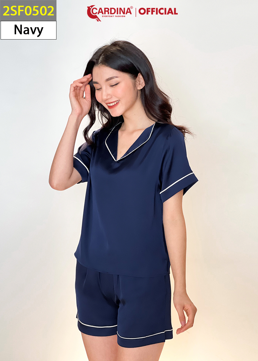 Đồ Bộ Nữ CARDINA Chất Lụa Satin Nhật Cao Cấp Áo Cộc Tay Cổ Bẹt Vai Quần Đùi Kẹp Viền Lé 2SF05