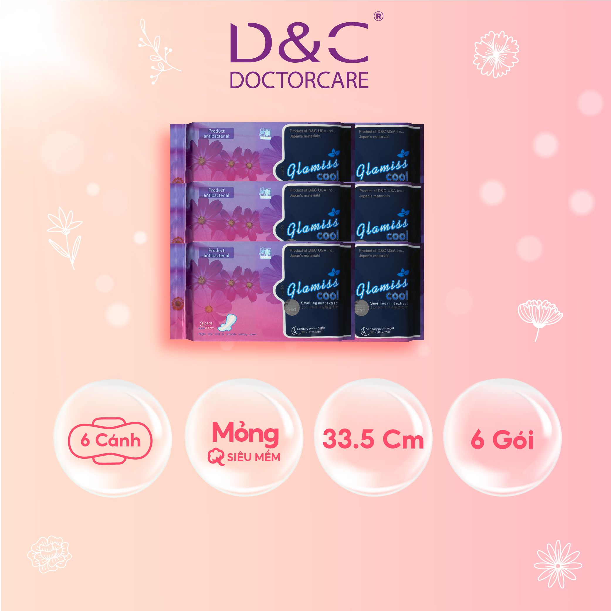 Combo 6 Băng vệ sinh ban đêm Glamiss Cool thảo dược 33.8cm siêu mát siêu khô thoáng